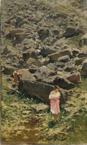Rotsachtig Landschap met Jonge Vrouwen aan de Oever van de Beek door Achille Formis Befani